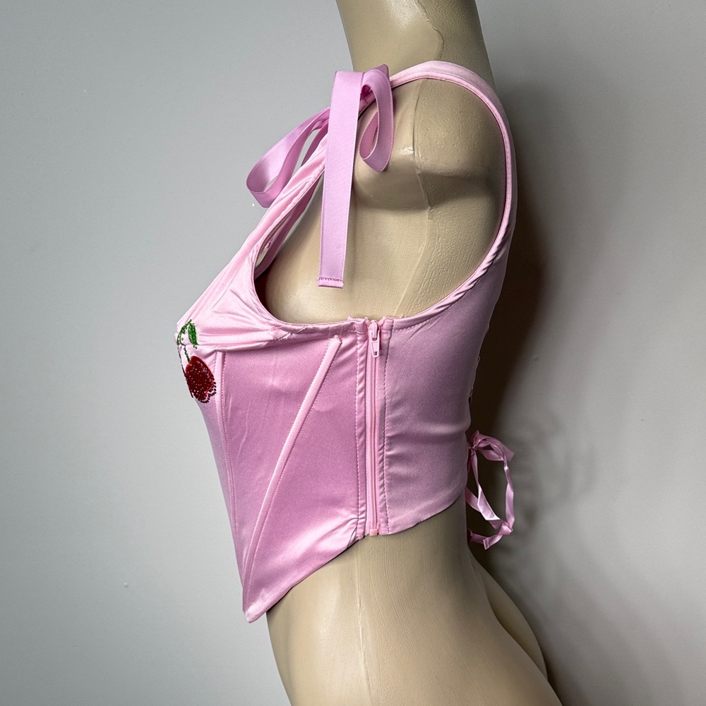 AKIRA Pink Satin Crop Top with Cherry Embellishments - Picture 3 of 6
